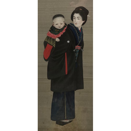 1399 - A pair of Japanese Meiji period painted silk panels, Japanese Lady with Higasa Parasol, and Mother w... 