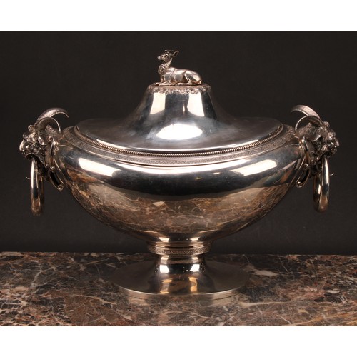 334 - An American silver oval pedestal soup tureen and cover, cast recumbent stag finial, loose-ring grote... 