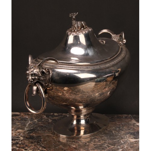 334 - An American silver oval pedestal soup tureen and cover, cast recumbent stag finial, loose-ring grote... 