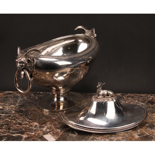 334 - An American silver oval pedestal soup tureen and cover, cast recumbent stag finial, loose-ring grote... 