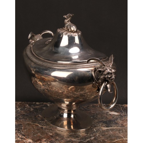 334 - An American silver oval pedestal soup tureen and cover, cast recumbent stag finial, loose-ring grote... 