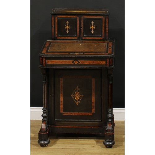 1614 - A Victorian amboyna, ebonised and marquetry music room Davenport desk, canted rectangular superstruc... 