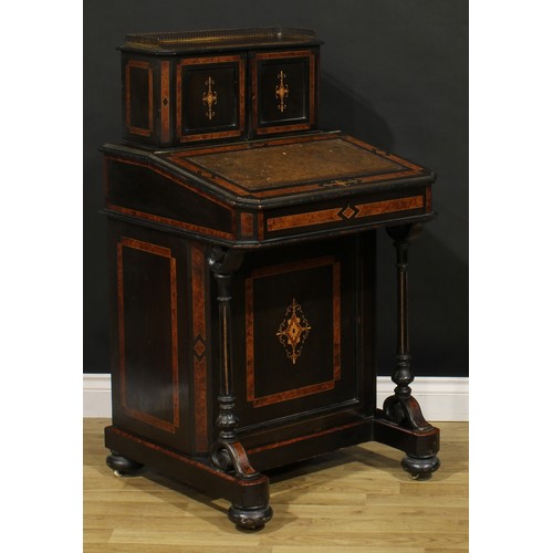 1614 - A Victorian amboyna, ebonised and marquetry music room Davenport desk, canted rectangular superstruc... 