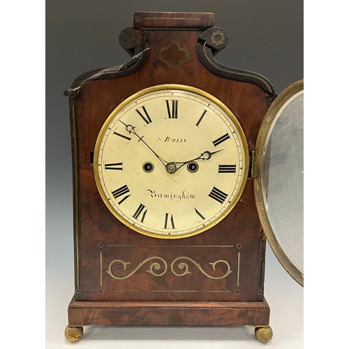 1722 - A George III mahogany brass inlaid mahogany bracket clock, cream dial signed S Birley, Birmingham, b... 