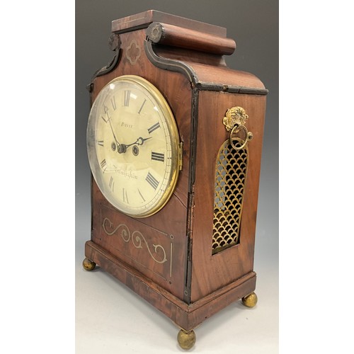 1722 - A George III mahogany brass inlaid mahogany bracket clock, cream dial signed S Birley, Birmingham, b... 