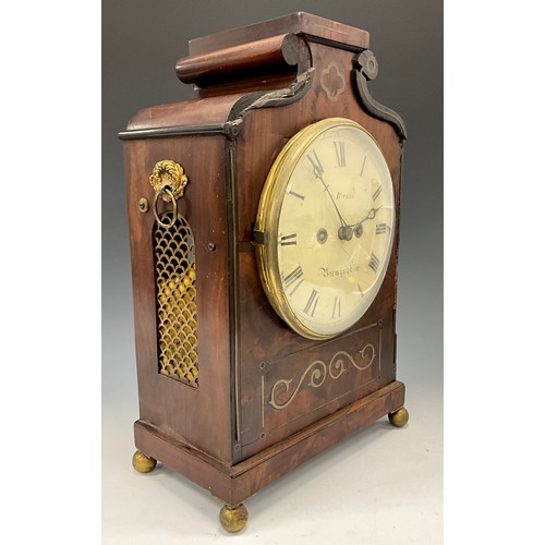 1722 - A George III mahogany brass inlaid mahogany bracket clock, cream dial signed S Birley, Birmingham, b... 