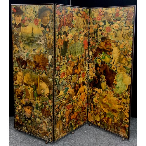 1788 - A Victorian three-fold decoupage modesty screen, each panel decorated to both sides, and raised on a... 