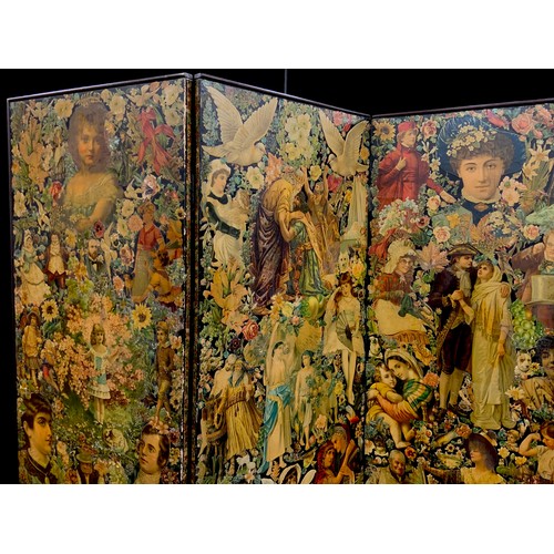 1788 - A Victorian three-fold decoupage modesty screen, each panel decorated to both sides, and raised on a... 