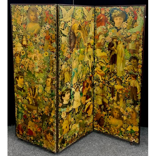 1788 - A Victorian three-fold decoupage modesty screen, each panel decorated to both sides, and raised on a... 