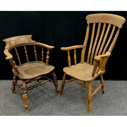 1589 - A 19th century elm lath-back armchair, 114cm high, 59.5cm wide; a 19th century smoker’s bow chair (2... 