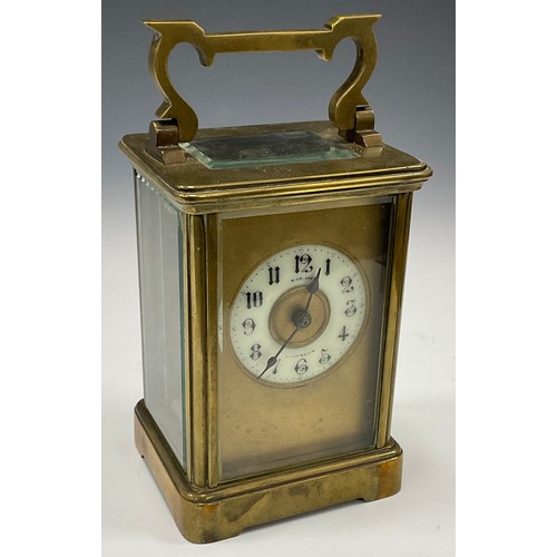 1980 - An early 20th century H Graves, Birmingham, carriage clock timepiece, shaped folding handle, 14.5cm ... 