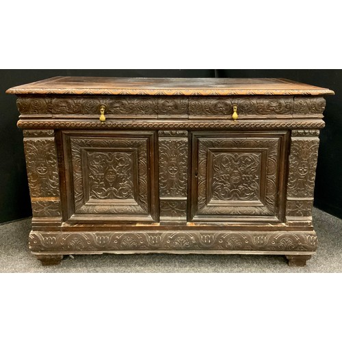 1621 - A Victorian Jacobean Revival carved oak sideboard, 96.5cm high, 156cm wide, 67cm deep