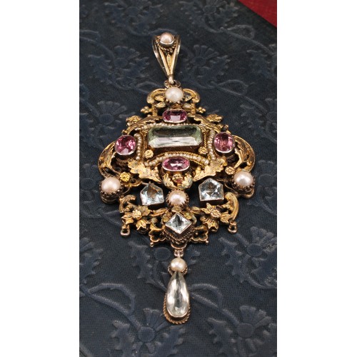 524 - A 19th century Austro Hungarian or Italianate gilt metal droplet pendant, of quatrefoil form, set wi... 