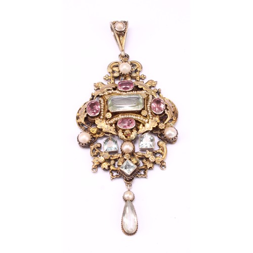 524 - A 19th century Austro Hungarian or Italianate gilt metal droplet pendant, of quatrefoil form, set wi... 