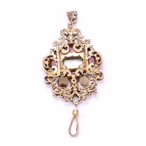 524 - A 19th century Austro Hungarian or Italianate gilt metal droplet pendant, of quatrefoil form, set wi... 