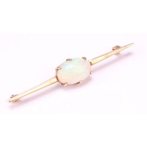 533 - A 9ct gold bar brooch, set with a single polished oval opal cabochon, marked 9ct, 5.5cm wide, 4.4g; ... 