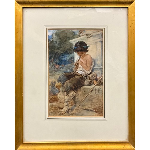 1045 - Guido Bach (1828-1905)
Pan Seated Playing Pipes
watercolour, attribution, and title verso, 30cm x 19... 