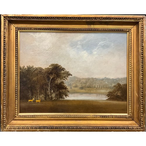 1017 - English school (19th century)
Country Estate, with pair of Red Deer
oil on canvas, 37cm x 49cm