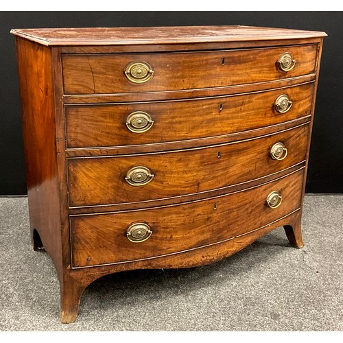 1733 - A George III mahogany bow-front chest of four graduated long drawers, splayed bracket feet, 85.5cm h... 