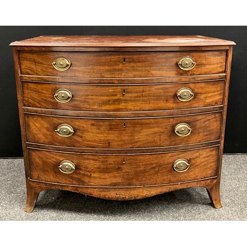 1733 - A George III mahogany bow-front chest of four graduated long drawers, splayed bracket feet, 85.5cm h... 