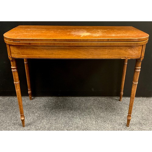 1729 - A George III D-shaped mahogany tea table, boxwood and ebony stringing throughout, turned legs, 75cm ... 