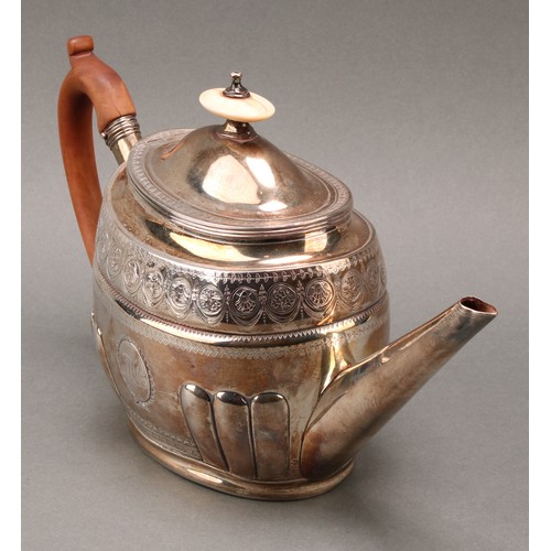 127 - A George III silver oval teapot, fluted angles, bright-cut engraved, 17cm high, John Robins, London ... 