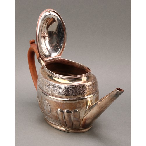 127 - A George III silver oval teapot, fluted angles, bright-cut engraved, 17cm high, John Robins, London ... 