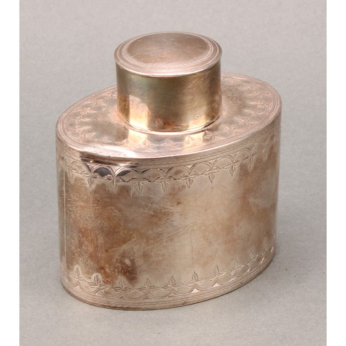 76 - A George III silver oval tea caddy, bright-cut engraved borders, push-fitting cover, 8.5cm high, Tho... 