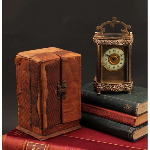 1976 - A late 19th century lacquered brass carriage timepiece, 5cm clock dial inscribed with Roman numerals... 