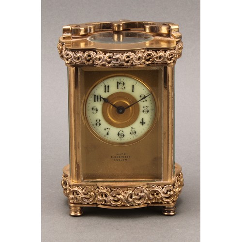 1976 - A late 19th century lacquered brass carriage timepiece, 5cm clock dial inscribed with Roman numerals... 