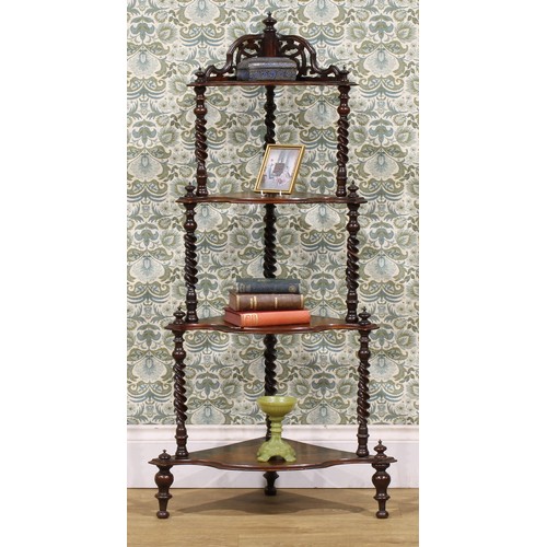 1566 - A Victorian walnut corner whatnot, 128cm high, 64cm wide, 39cm deep, c.1880