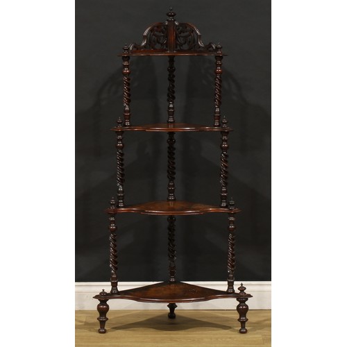 1566 - A Victorian walnut corner whatnot, 128cm high, 64cm wide, 39cm deep, c.1880