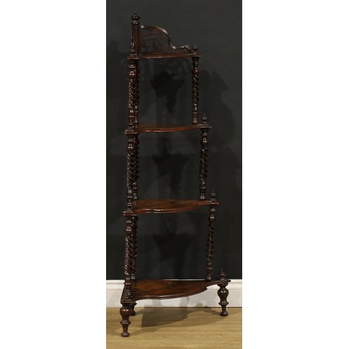 1566 - A Victorian walnut corner whatnot, 128cm high, 64cm wide, 39cm deep, c.1880