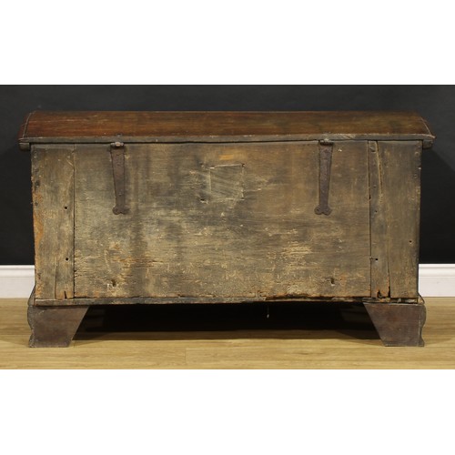 1525 - A 17th century German oak and marquetry chest, hinged domed cover enclosing a till and secret compar... 