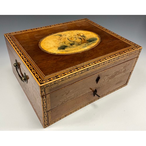 1883 - An early 19th century chain link marquetry inlaid sewing box, the interior fitted with an arrangemen... 