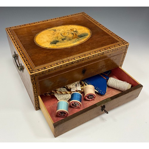 1883 - An early 19th century chain link marquetry inlaid sewing box, the interior fitted with an arrangemen... 