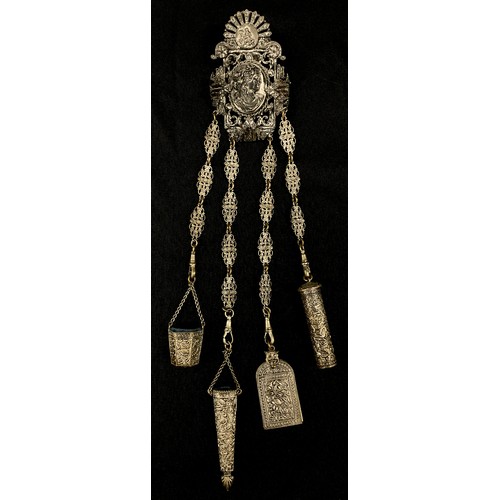 1490 - A 19th century Anglo Indian electrotype chatelaine, cast portrait beneath knight and rose crest, scr... 