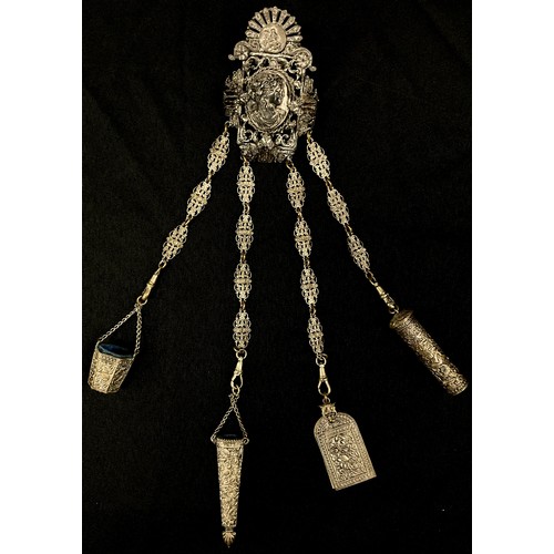 1490 - A 19th century Anglo Indian electrotype chatelaine, cast portrait beneath knight and rose crest, scr... 