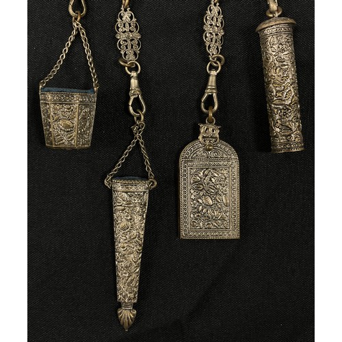 1490 - A 19th century Anglo Indian electrotype chatelaine, cast portrait beneath knight and rose crest, scr... 