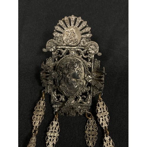 1490 - A 19th century Anglo Indian electrotype chatelaine, cast portrait beneath knight and rose crest, scr... 