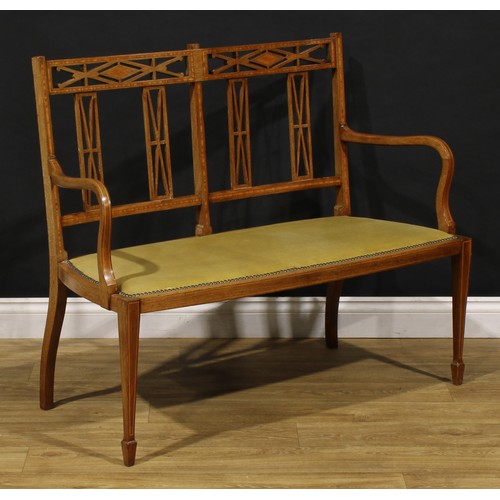 1557 - An Edwardian satinwood banded mahogany five-piece salon suite, comprising sofa and four side chairs,... 