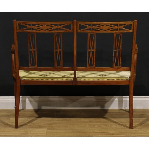 1557 - An Edwardian satinwood banded mahogany five-piece salon suite, comprising sofa and four side chairs,... 