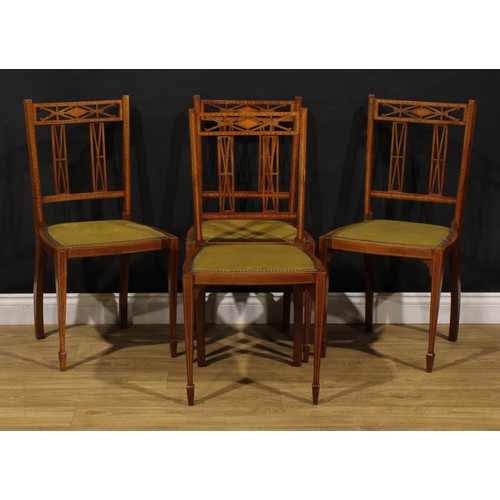 1557 - An Edwardian satinwood banded mahogany five-piece salon suite, comprising sofa and four side chairs,... 