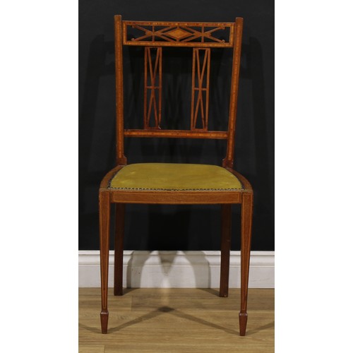 1557 - An Edwardian satinwood banded mahogany five-piece salon suite, comprising sofa and four side chairs,... 