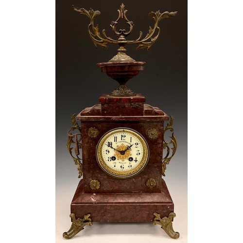 1720 - A French Napoleon III rouge marble ormolu mantel clock, marked V Destouesse & Fils, Bordeaux, cream ... 