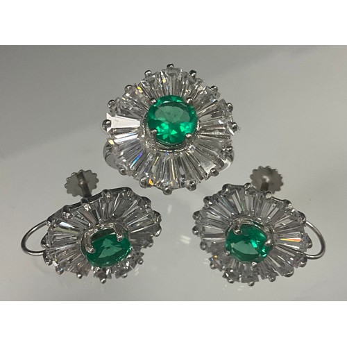 628 - A pair of Norman Manzell Loren Amaan collection Ballerina cluster earrings and dress ring, with synt... 