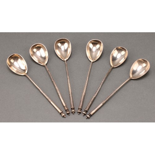 402 - A set of six Russian silver spoons, knop terminals, wrythen stems, 14cm long, 84 zolotnik marks, 104... 