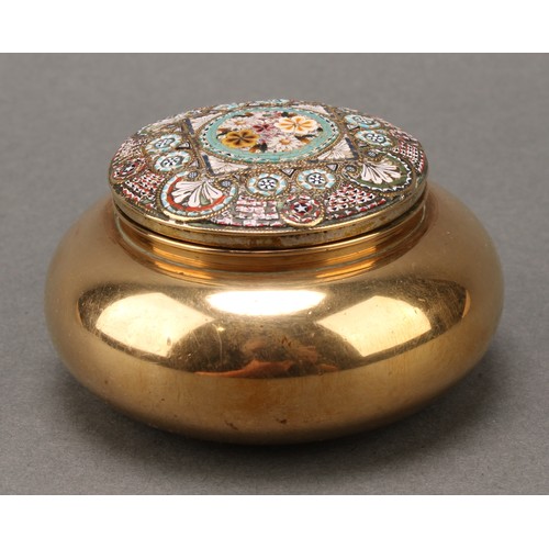 2115 - An Italian micromosaic and brass bowed circular box, hinged cover decorated with flowers and geometr... 