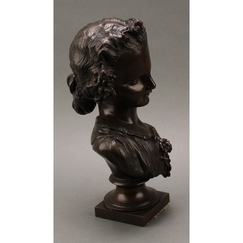 1961 - Émile-Victor Blavier (1821 - 1887), a brown patinated bronze bust, of a young girl, signed in the ma... 