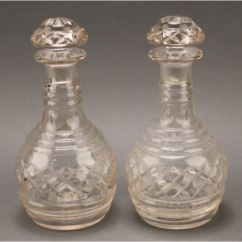 1367 - A pair of 19th century hobnail mallet shaped decanters, mushroom stoppers, star-cut bases, 25.5cm hi... 